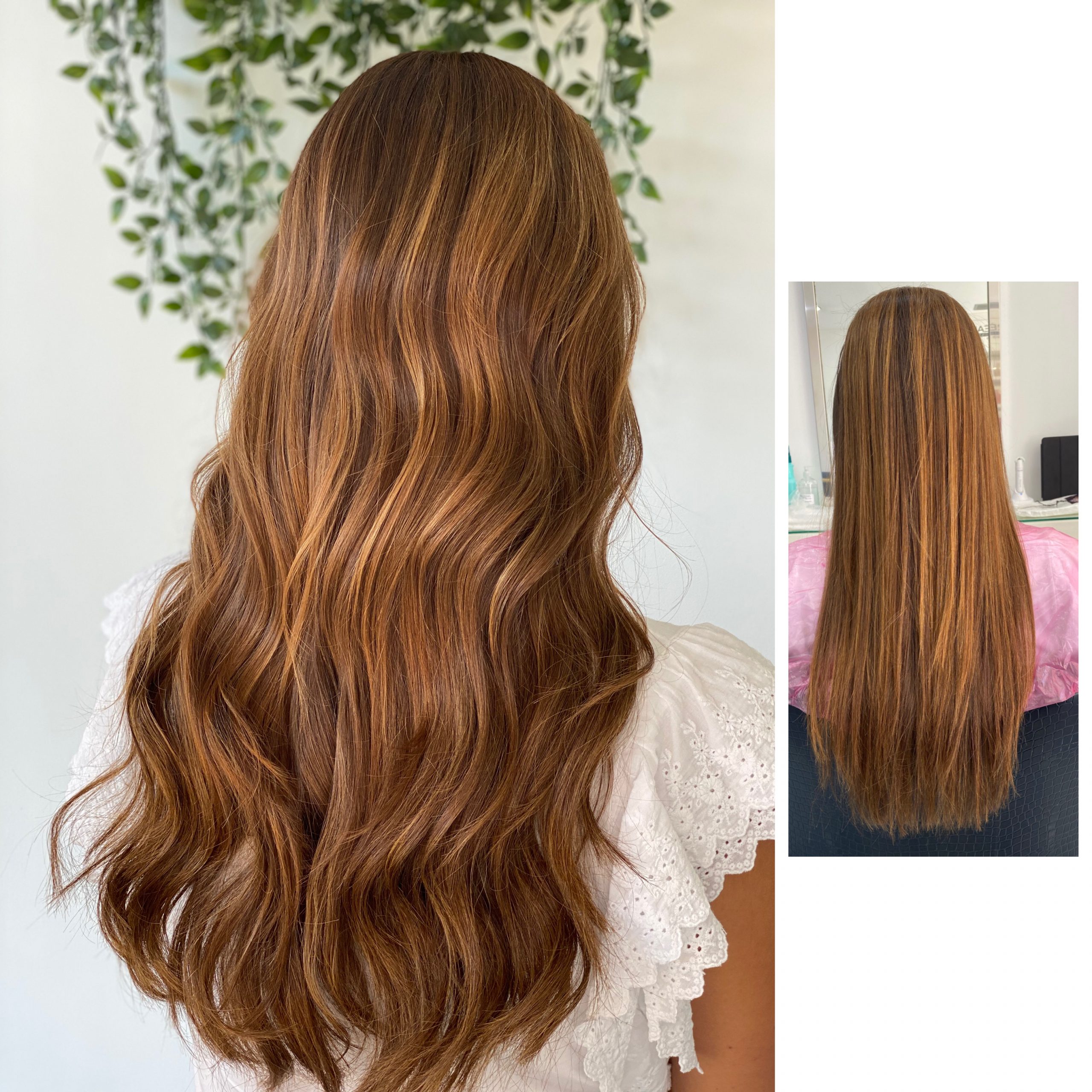 Cabelo longo, ligeiramente encaracolado, moreno